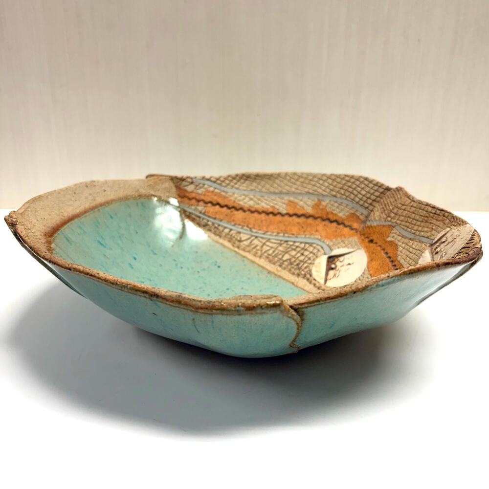 Vintage Ellen Hill Art Studio Pottery Bowl Blue Glaze Rough Earthy Edges